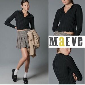✨NWT✨ Anthropologie Maeve Ribbed V-Neck Polo Sweater Black Size XS